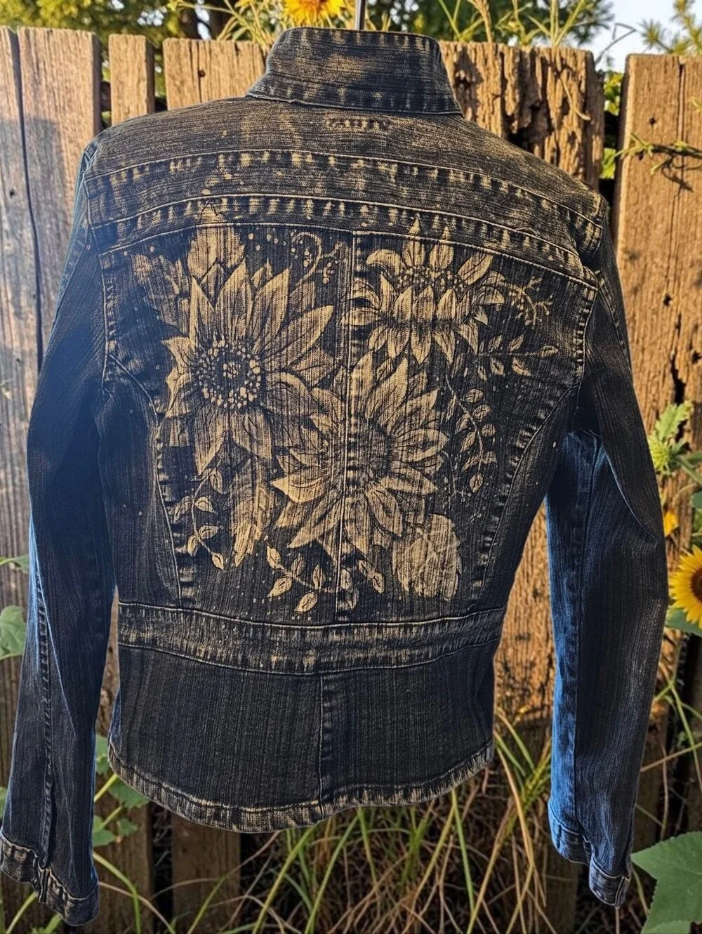 Hand painted with Bleach Jean Jacket - Sunflowers - Picture 1 of 3